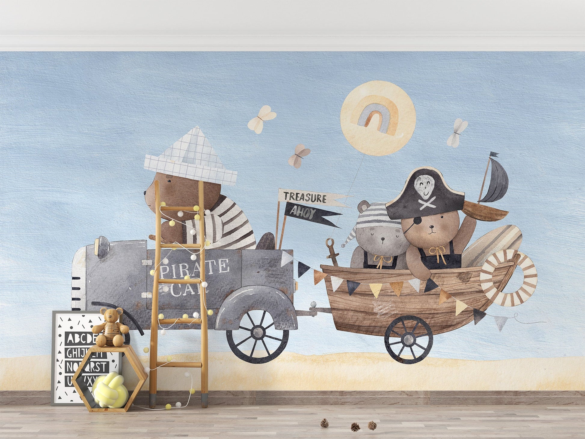 Watercolor pirate bear wall mural in soft blue and beige color.