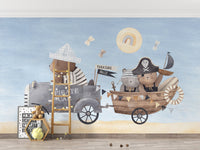 Watercolor pirate bear wall mural in soft blue and beige color.