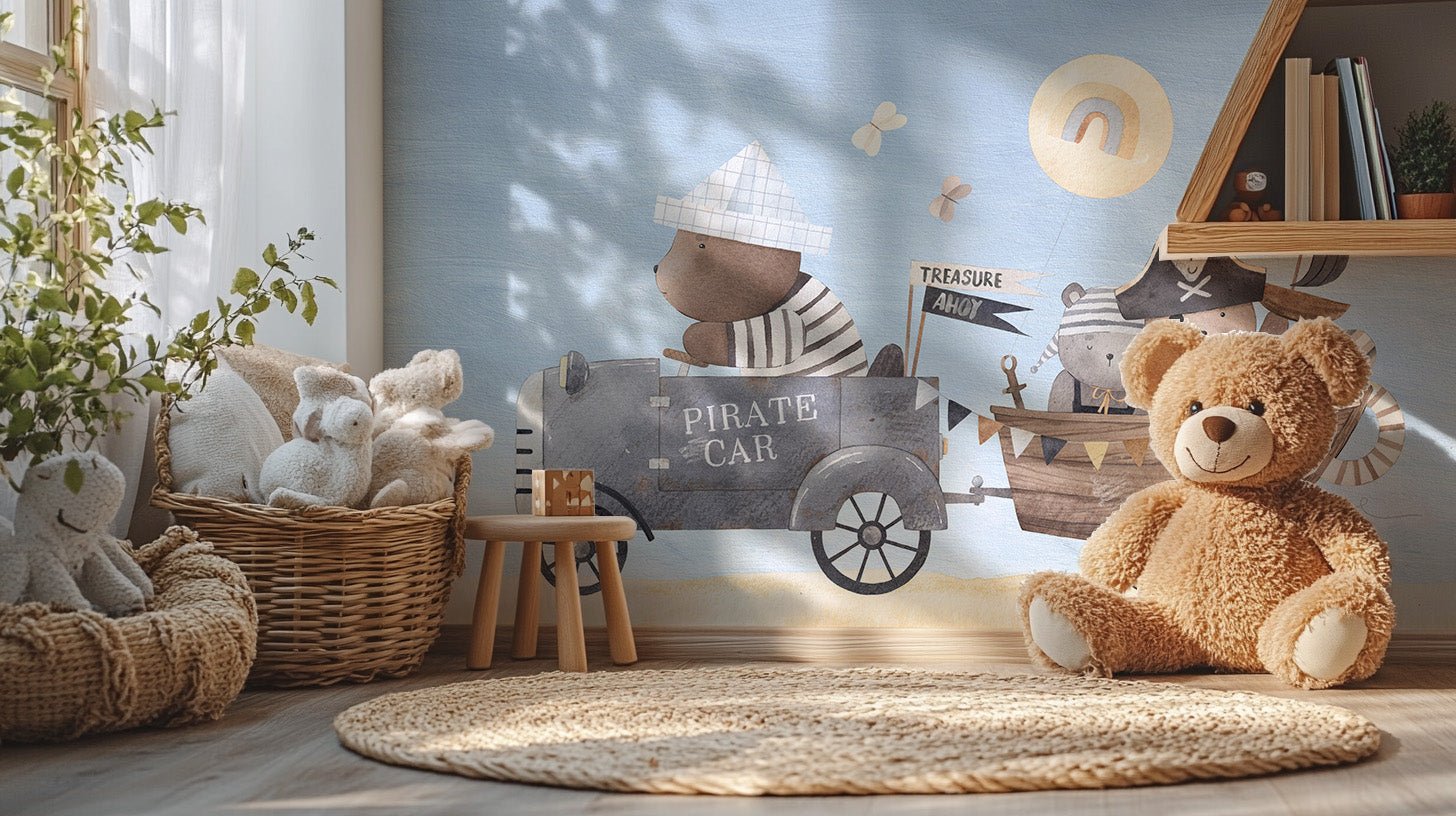 Pirate themed wall mural with soft sand and ocean color palette.