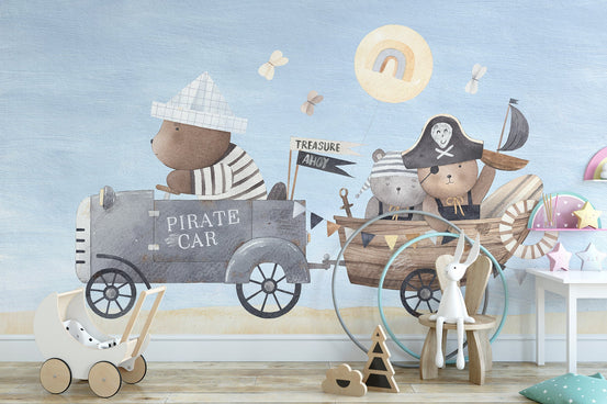 Pirate bear adventure wall mural with cartoon pirate bears.