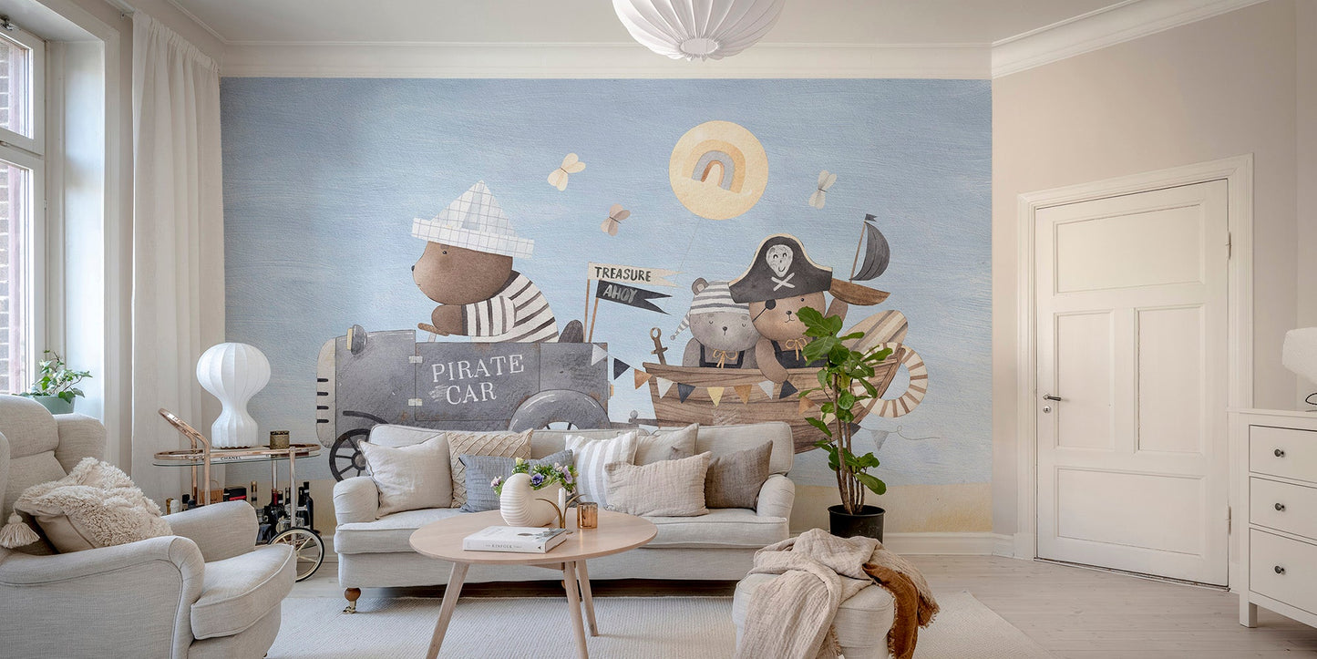 Playful sea adventure wall mural with muted pastel color tones.