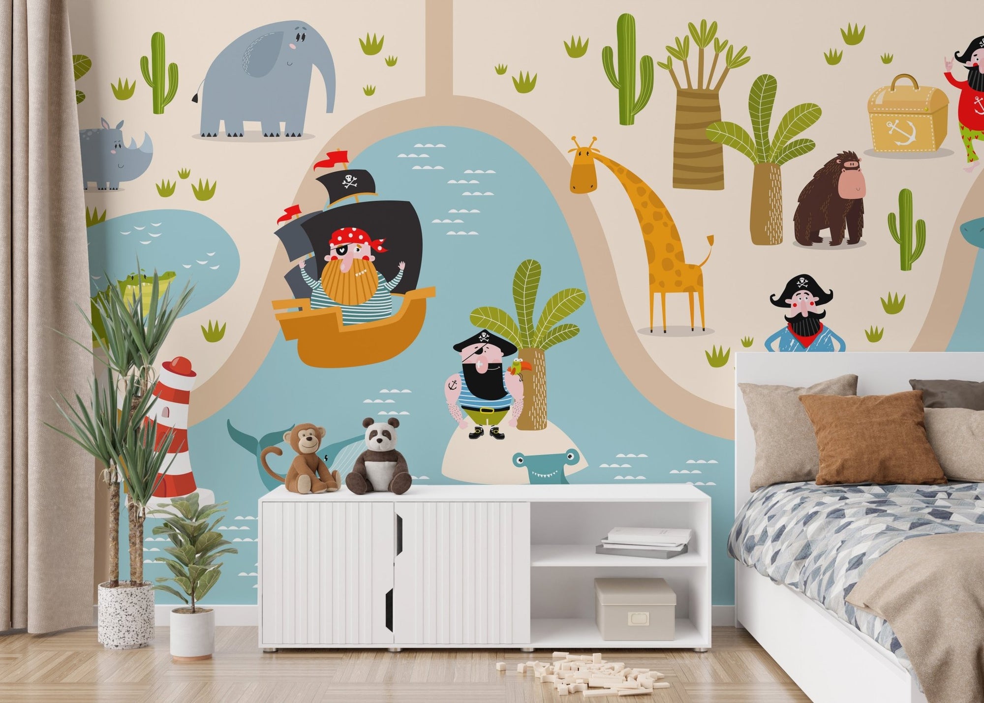 Pirate Tales wall mural in a kids bedroom with a white cabinet.