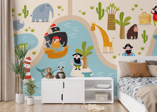 Pirate Tales wall mural in a kids bedroom with a white cabinet.