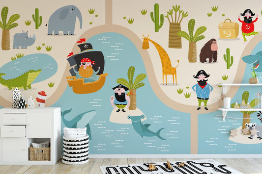 Animal crew wall mural in a nursery with light wooden furniture.