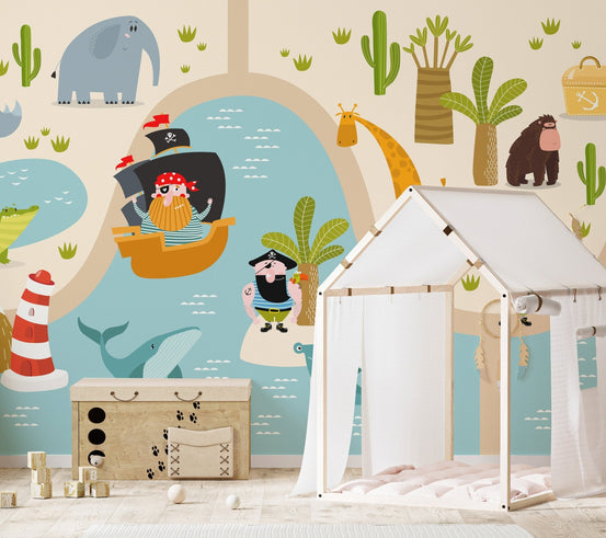 Pirate ship wall mural in a playroom with a white house bed frame.