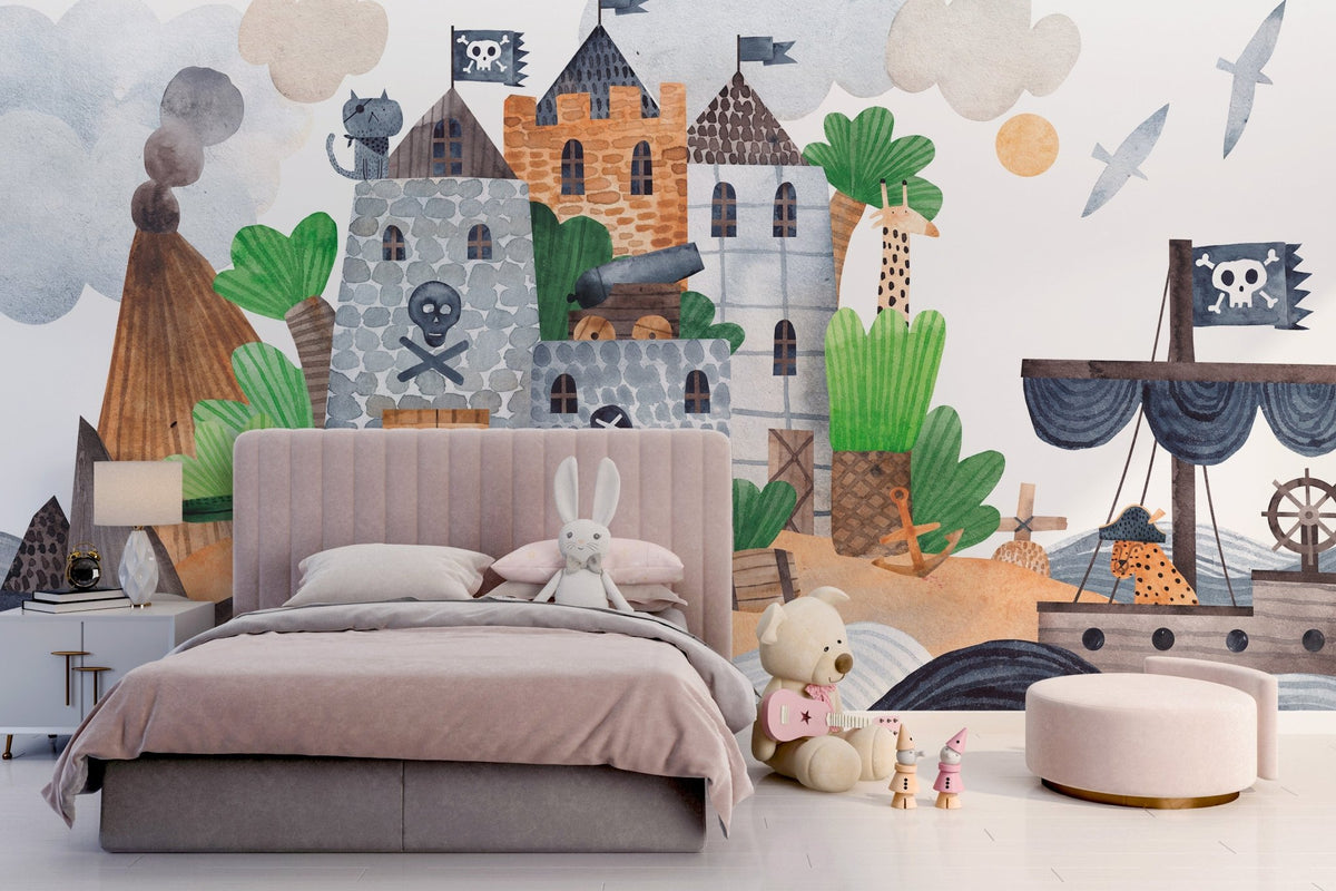 Pirates castle kids wall mural with ship and ocean waves wallpaper.
