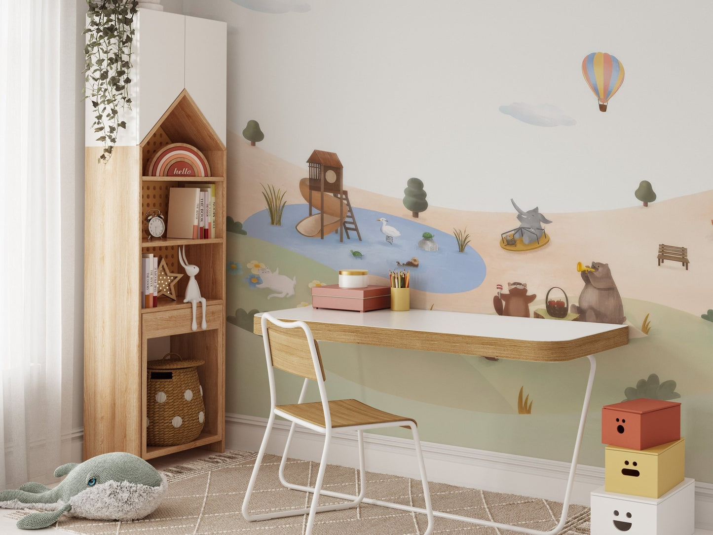 Storybook animal friends wallpaper wall mural with daisies and hills.