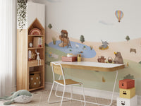 Storybook animal friends wallpaper wall mural with daisies and hills.