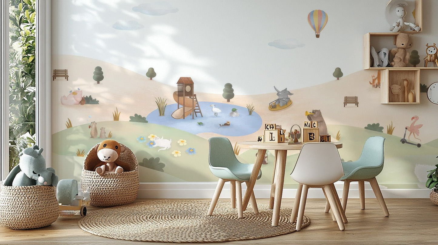Modern kids decor wallpaper wall mural with animals in open garden.