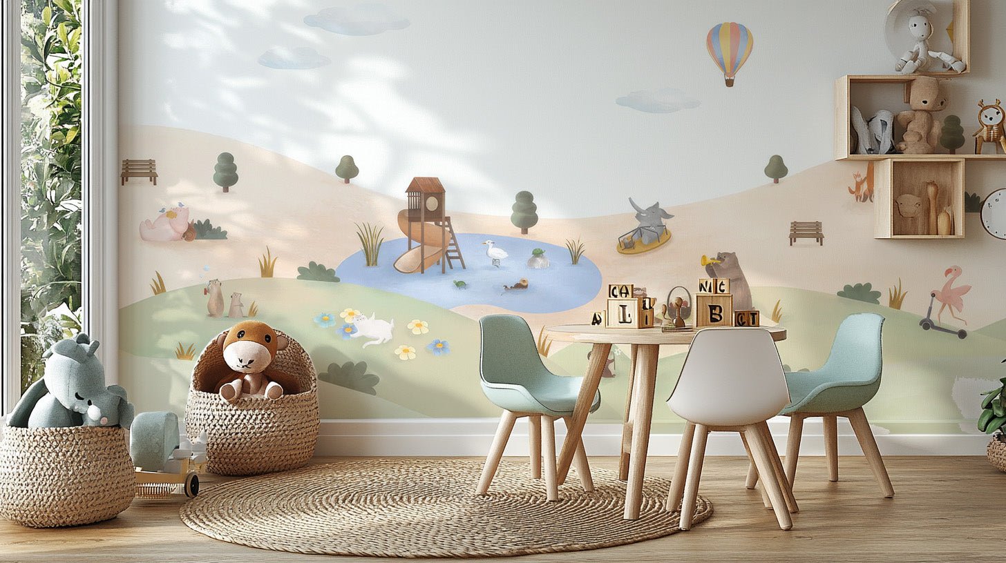 Modern kids decor wallpaper wall mural with animals in open garden.