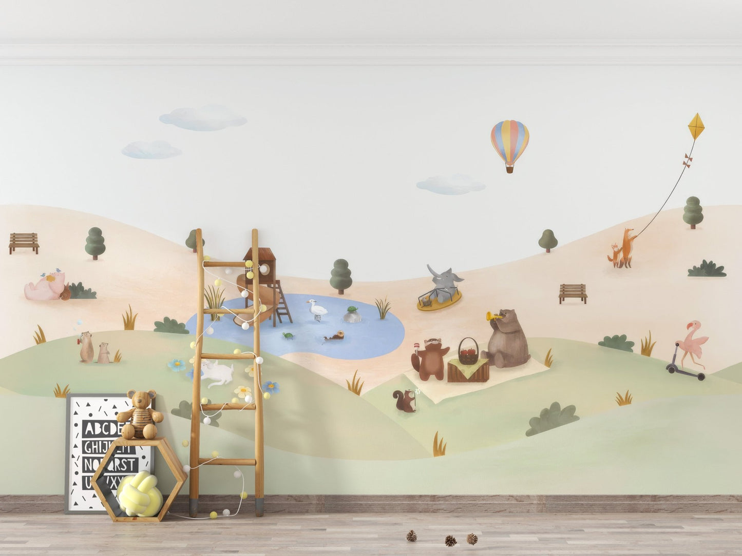 Kids garden animals wallpaper wall mural with hot air balloon and pond.