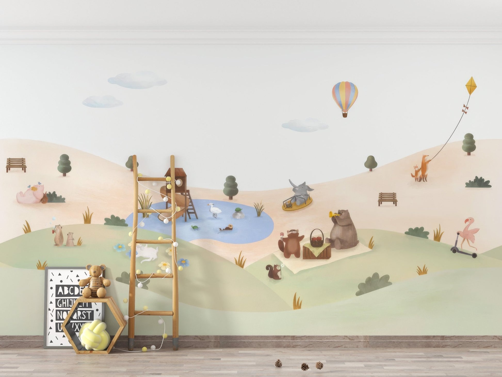Kids garden animals wallpaper wall mural with hot air balloon and pond.