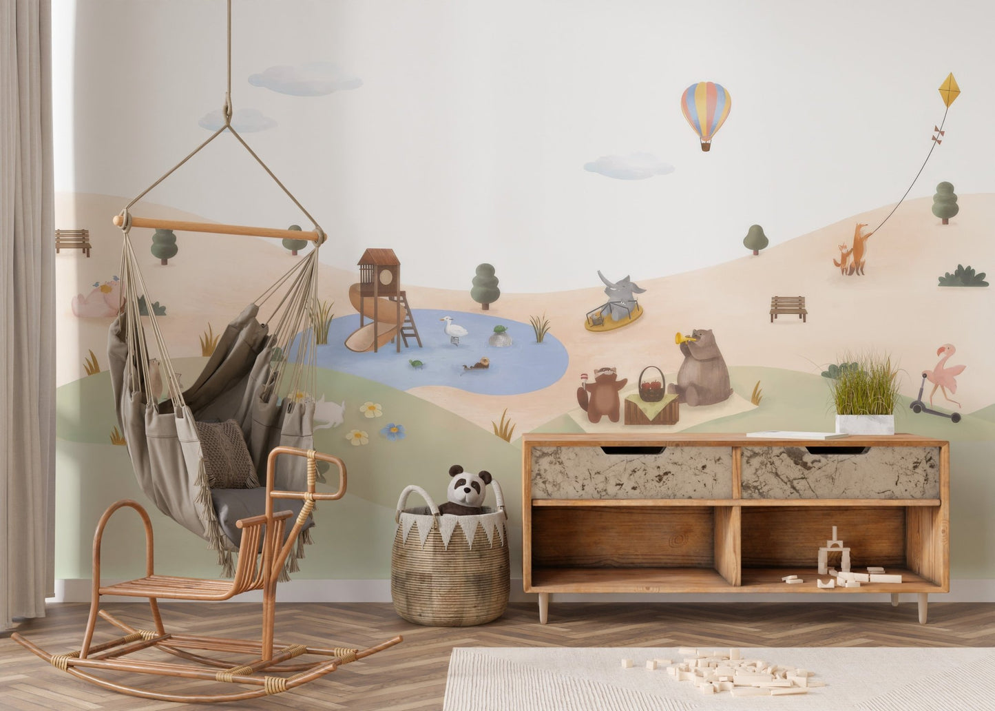 Friendly bear tea party wallpaper wall mural with picnic blanket scene.