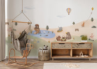 Friendly bear tea party wallpaper wall mural with picnic blanket scene.