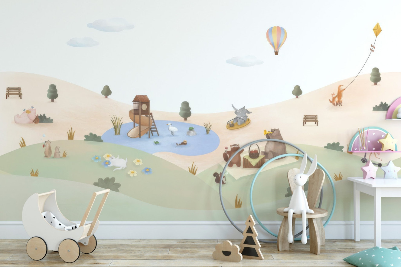 Whimsical animal picnic wall mural wallpaper in soft beige and sage.