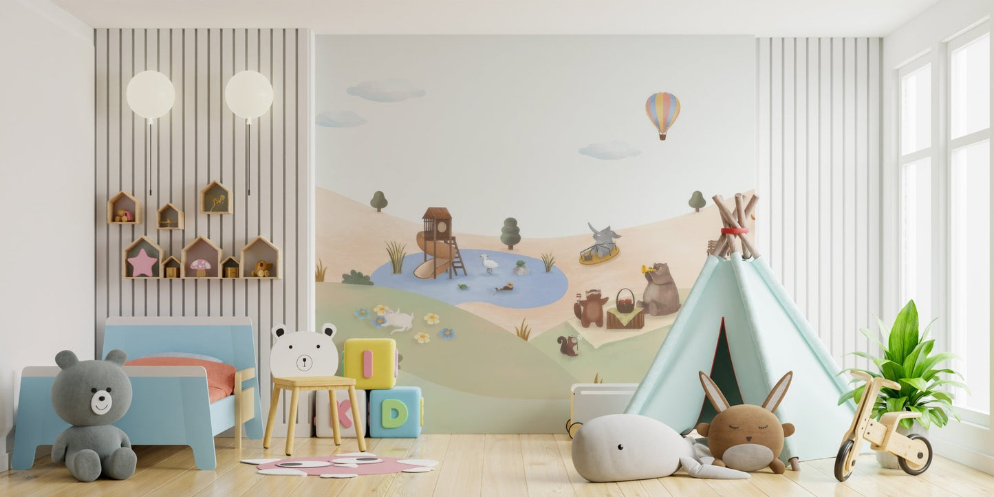Serene animal garden wallpaper wall mural with swan and floating boat.
