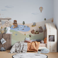 Pastel garden landscape wallpaper wall mural with playground tower by water.