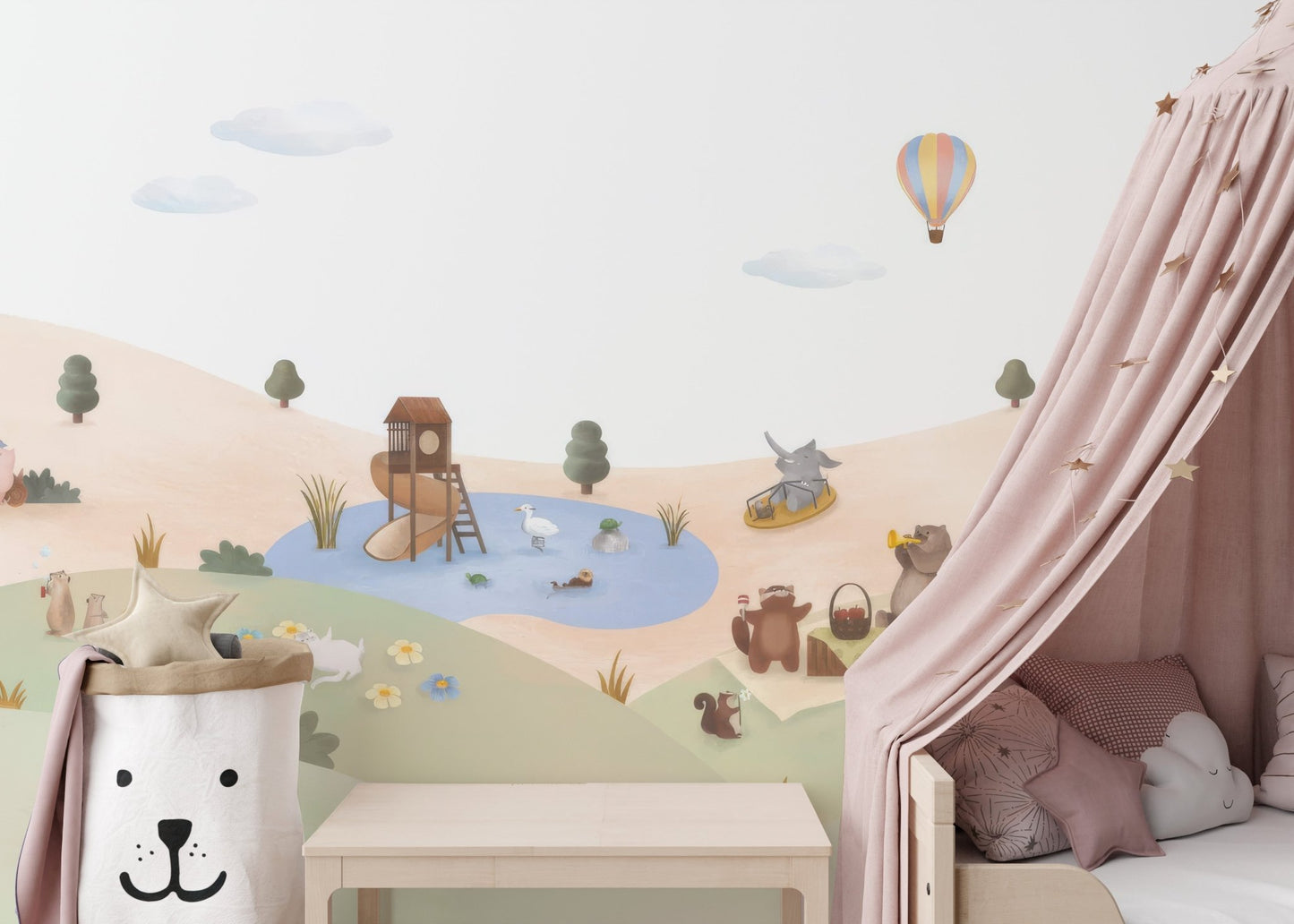 Fox flying kite wallpaper wall mural across sandy meadow illustration.