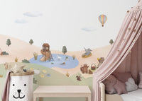 Fox flying kite wallpaper wall mural across sandy meadow illustration.
