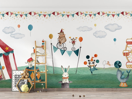 Playful circus animals wall mural with watercolor elephant and seal.