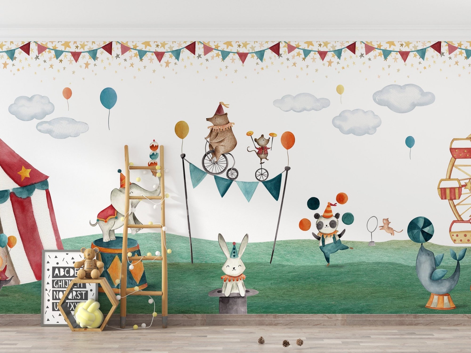 Playful circus animals wall mural with watercolor elephant and seal.