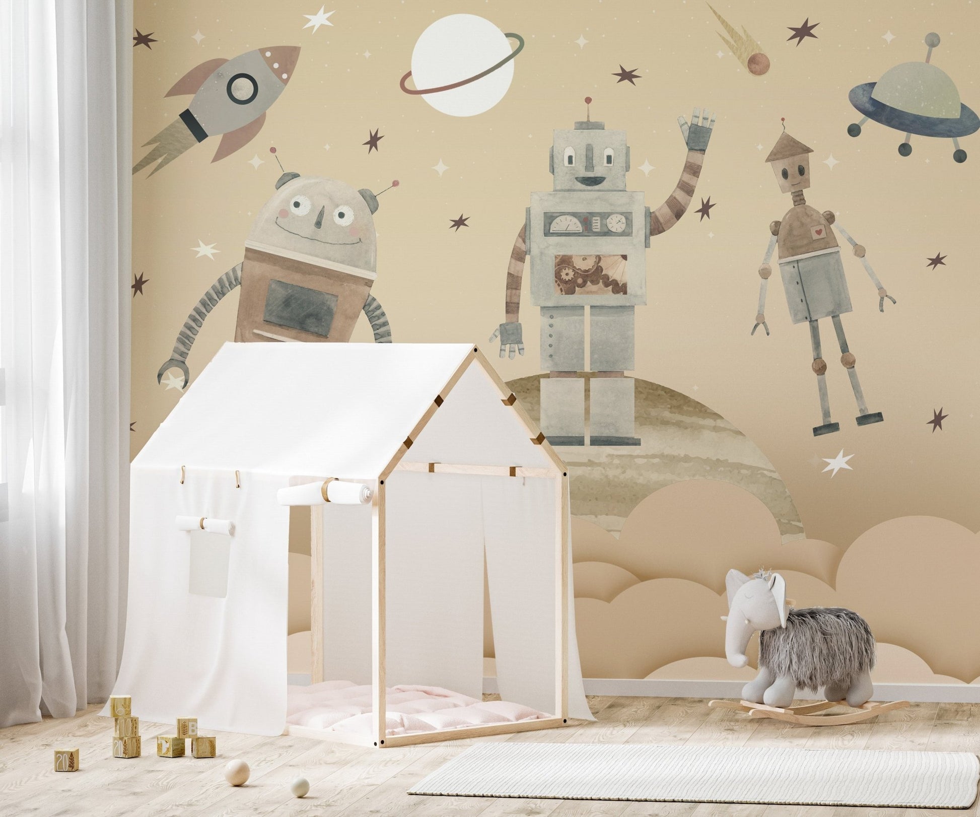 Playful Cosmic Robots Wall Mural - Wallanza