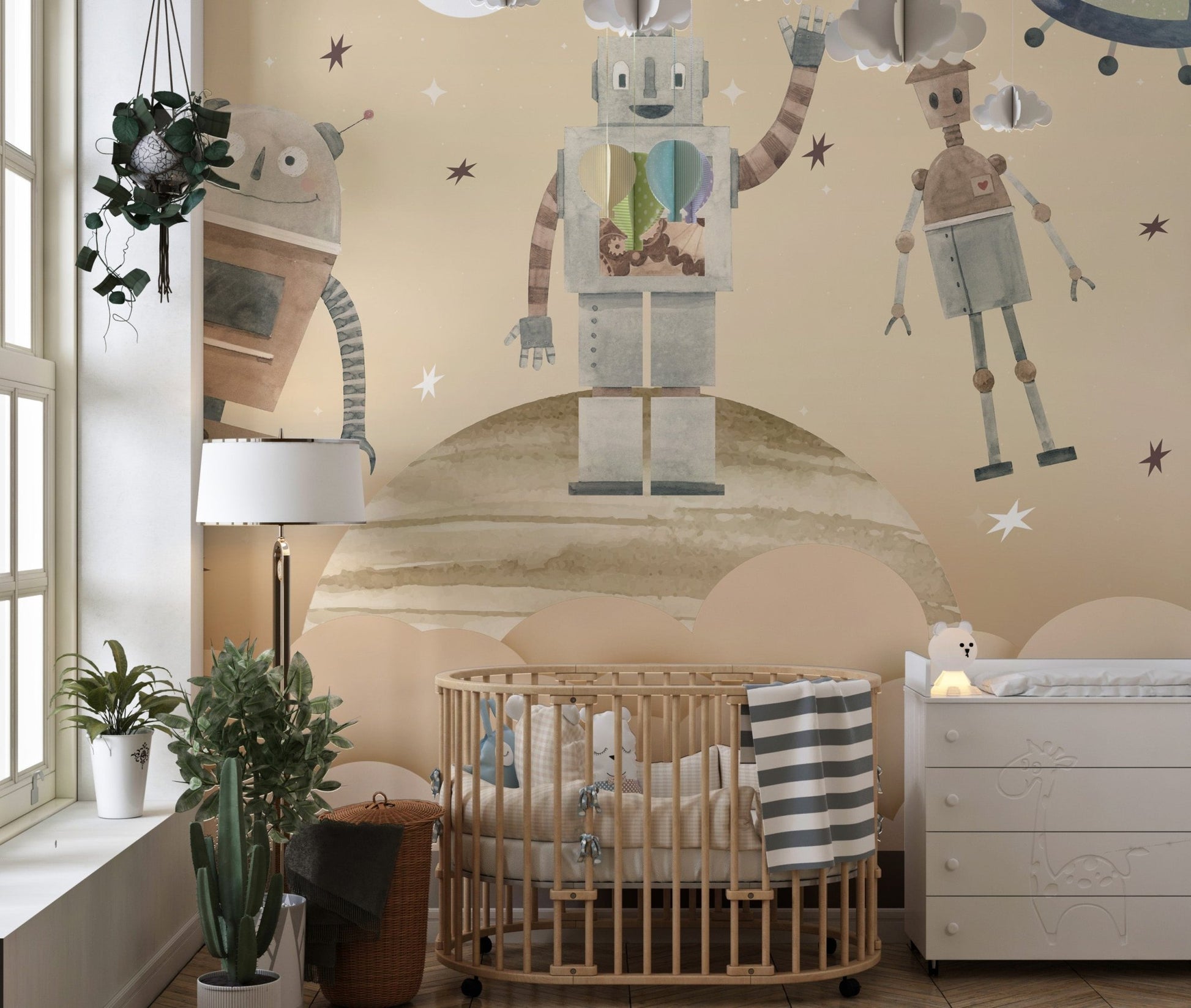 Playful Cosmic Robots Wall Mural - Wallanza