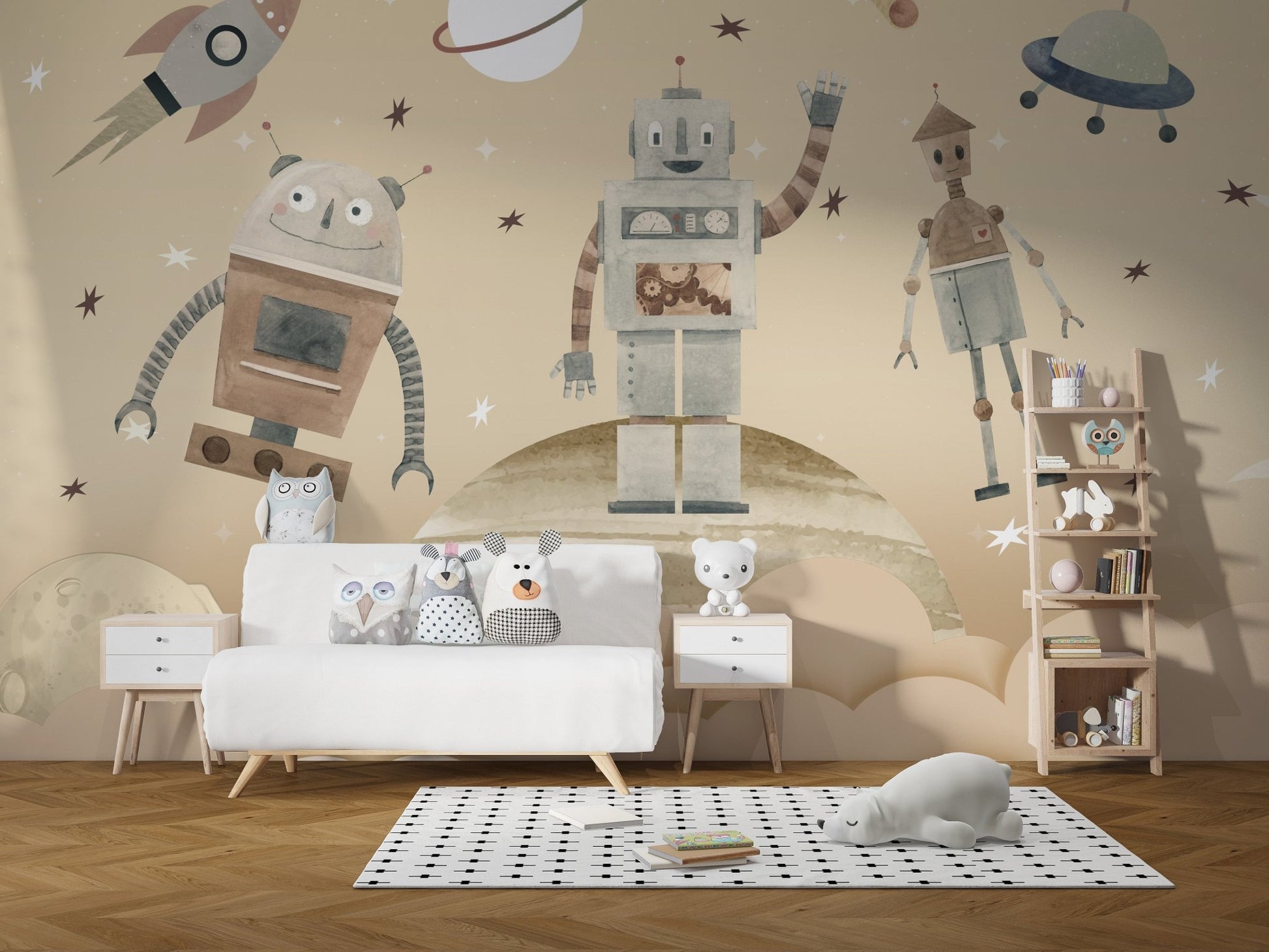 Playful Cosmic Robots Wall Mural - Wallanza