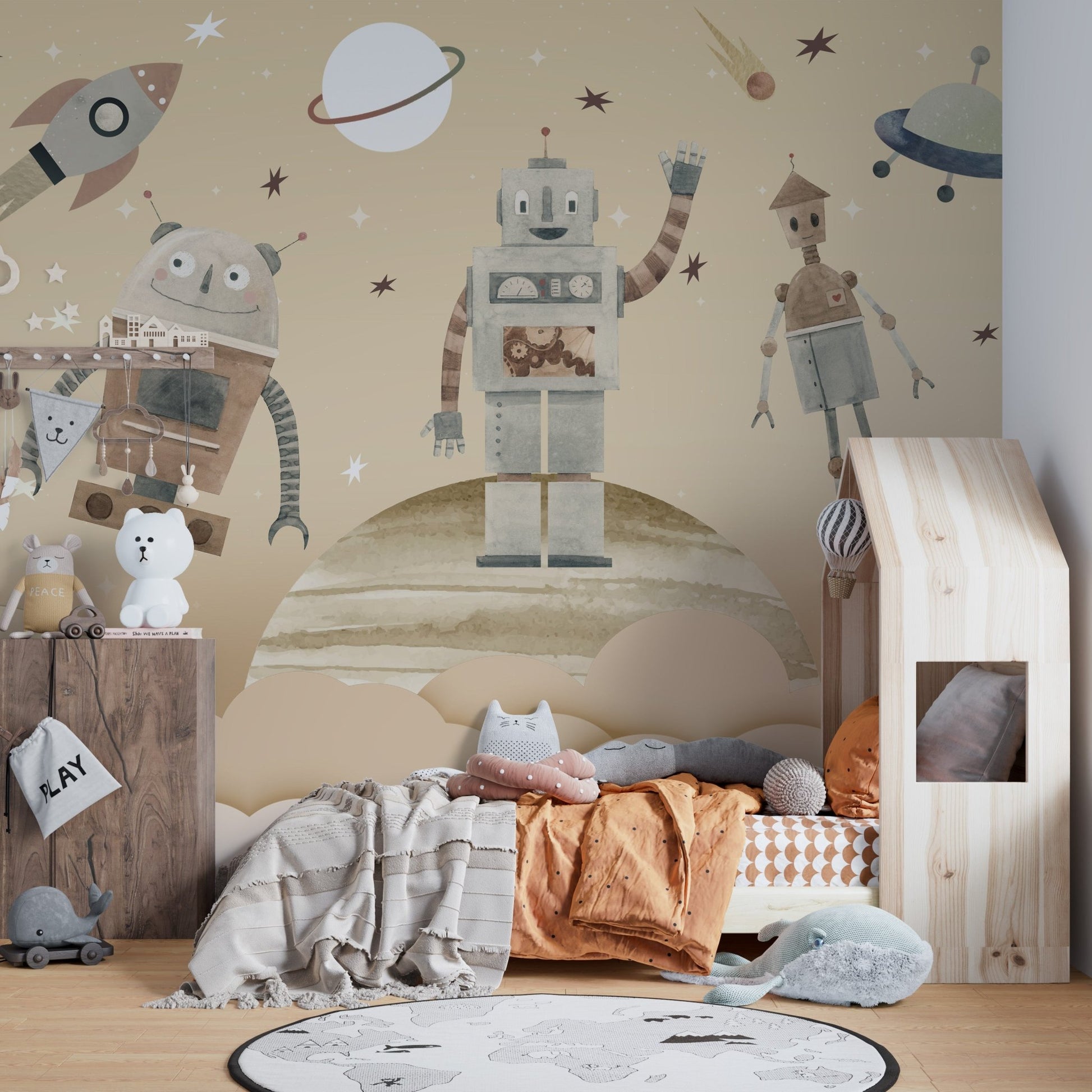 Playful Cosmic Robots Wall Mural - Wallanza