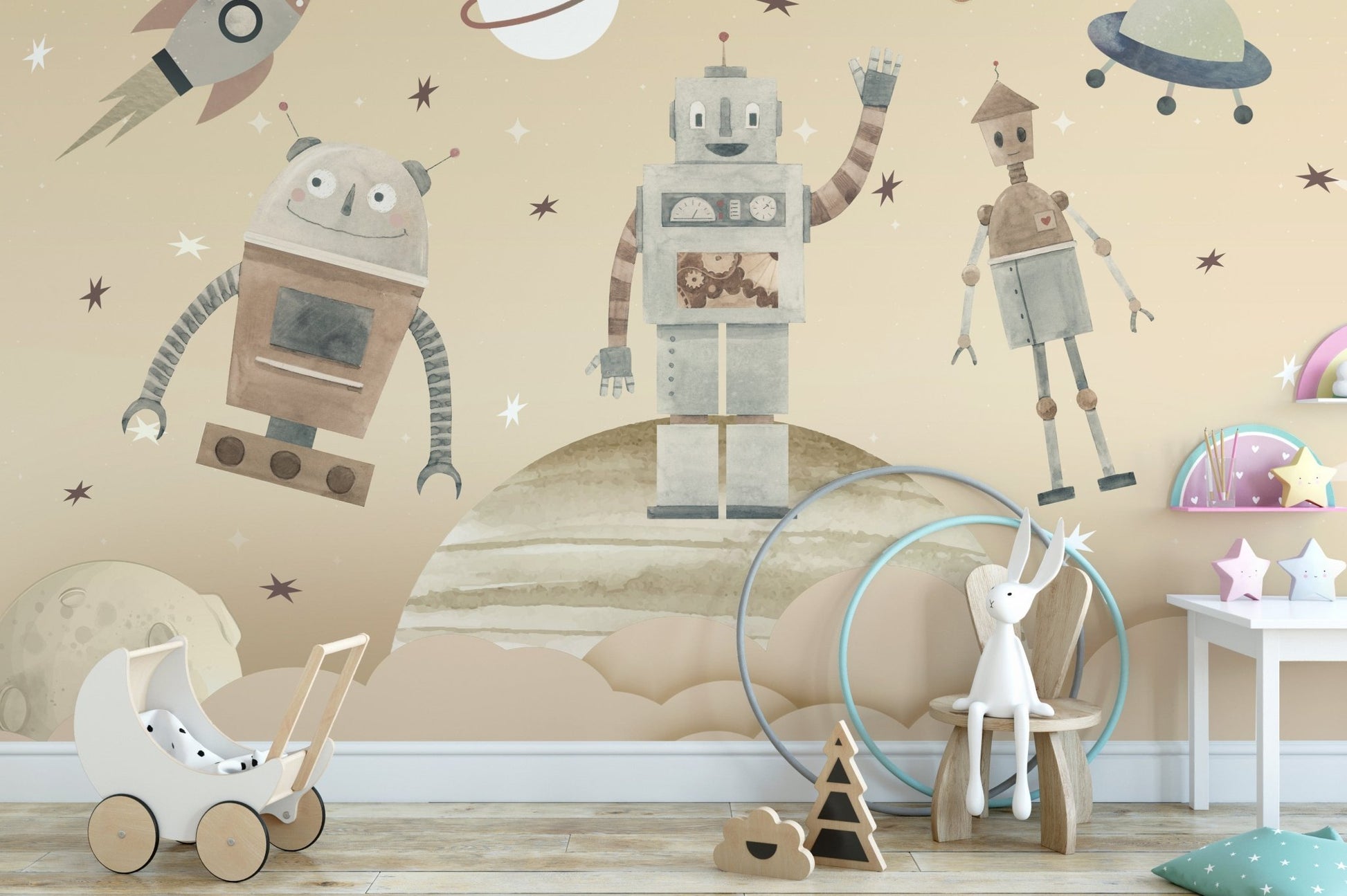 Playful Cosmic Robots Wall Mural - Wallanza