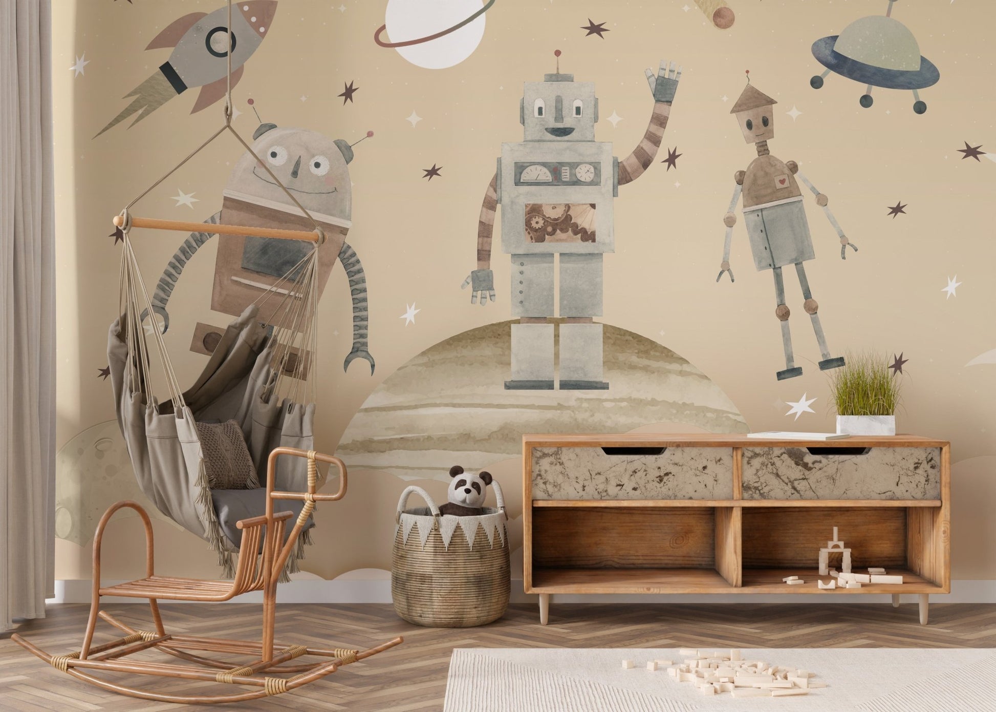 Playful Cosmic Robots Wall Mural - Wallanza