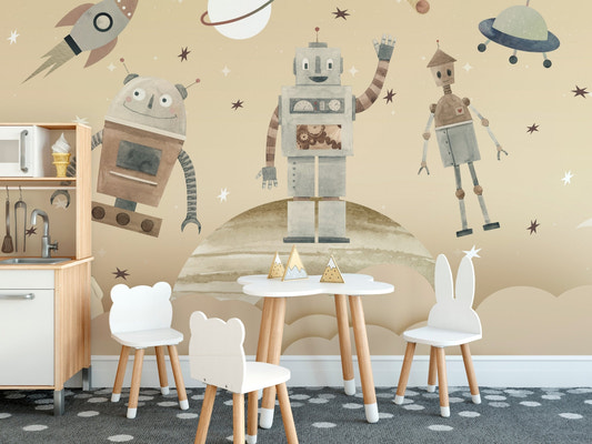 Playful cosmic robots wall mural with retro space robots and stars.