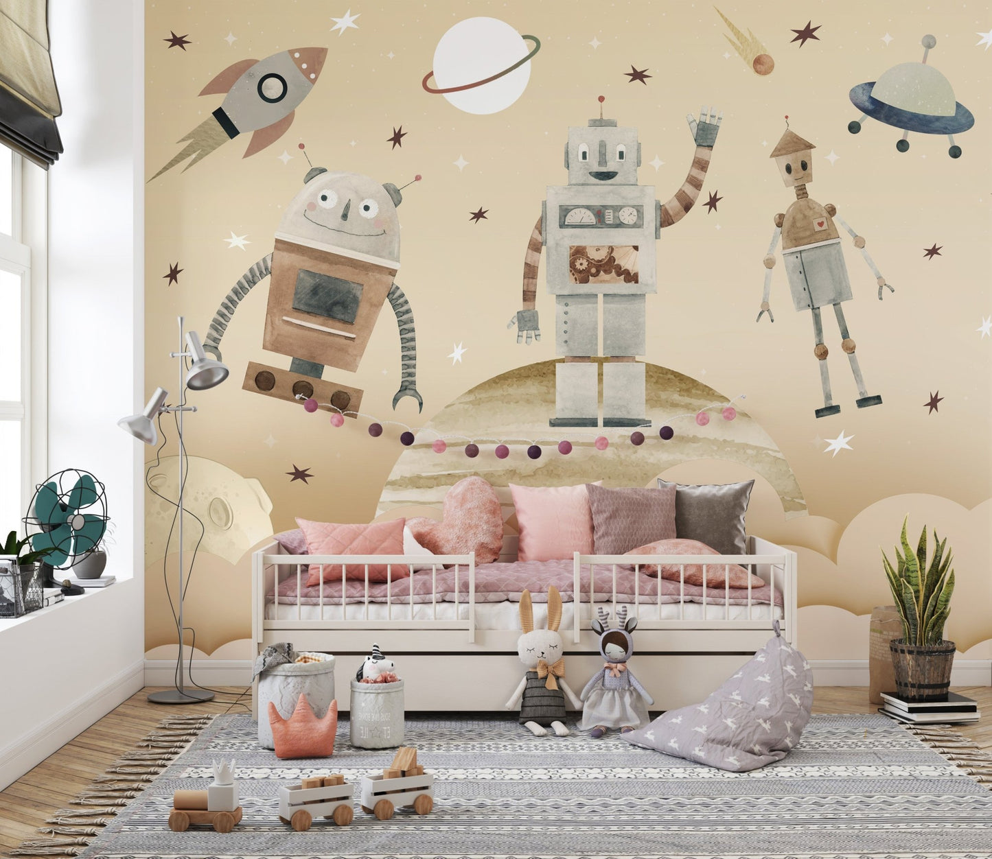 Playful Cosmic Robots Wall Mural - Wallanza