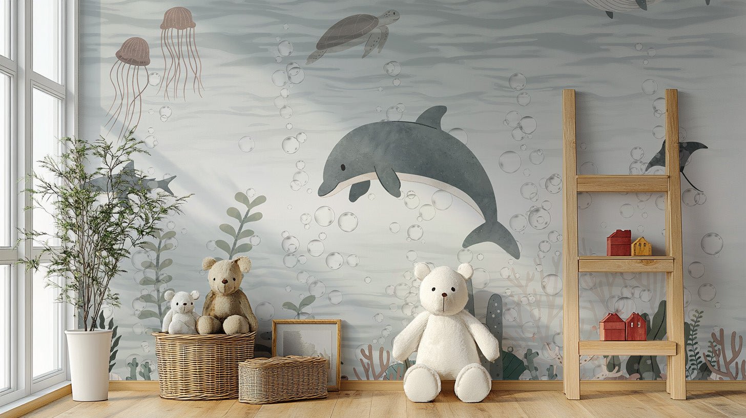 Playful dolphin wallpaper mural with watercolor underwater scene.