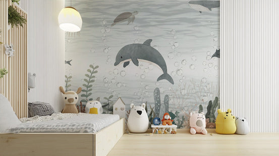 Playful dolphin wallpaper mural with sketch style sea creatures.