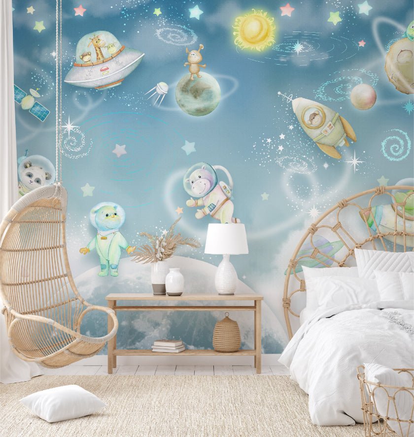 Whimsical space travel wall mural featuring rocket ships for a kids area.