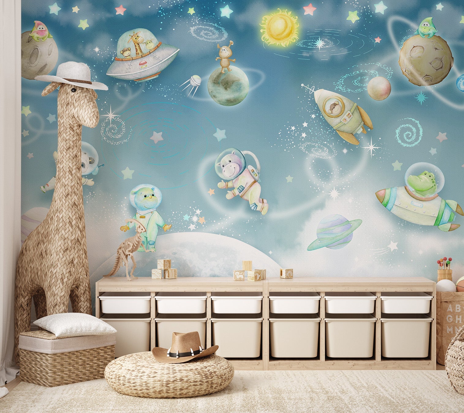 Floating animal astronauts mural for styling a modern playroom wall.