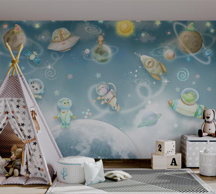 Blue starry night wall mural with animal spaceships for creative play areas.