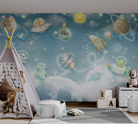 Blue starry night wall mural with animal spaceships for creative play areas.