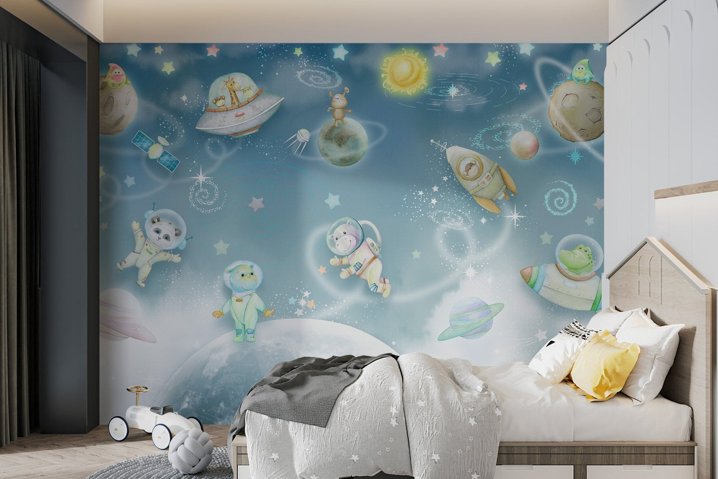 Kids bedroom wall mural with cartoon moon and sun in soft pastel colors.