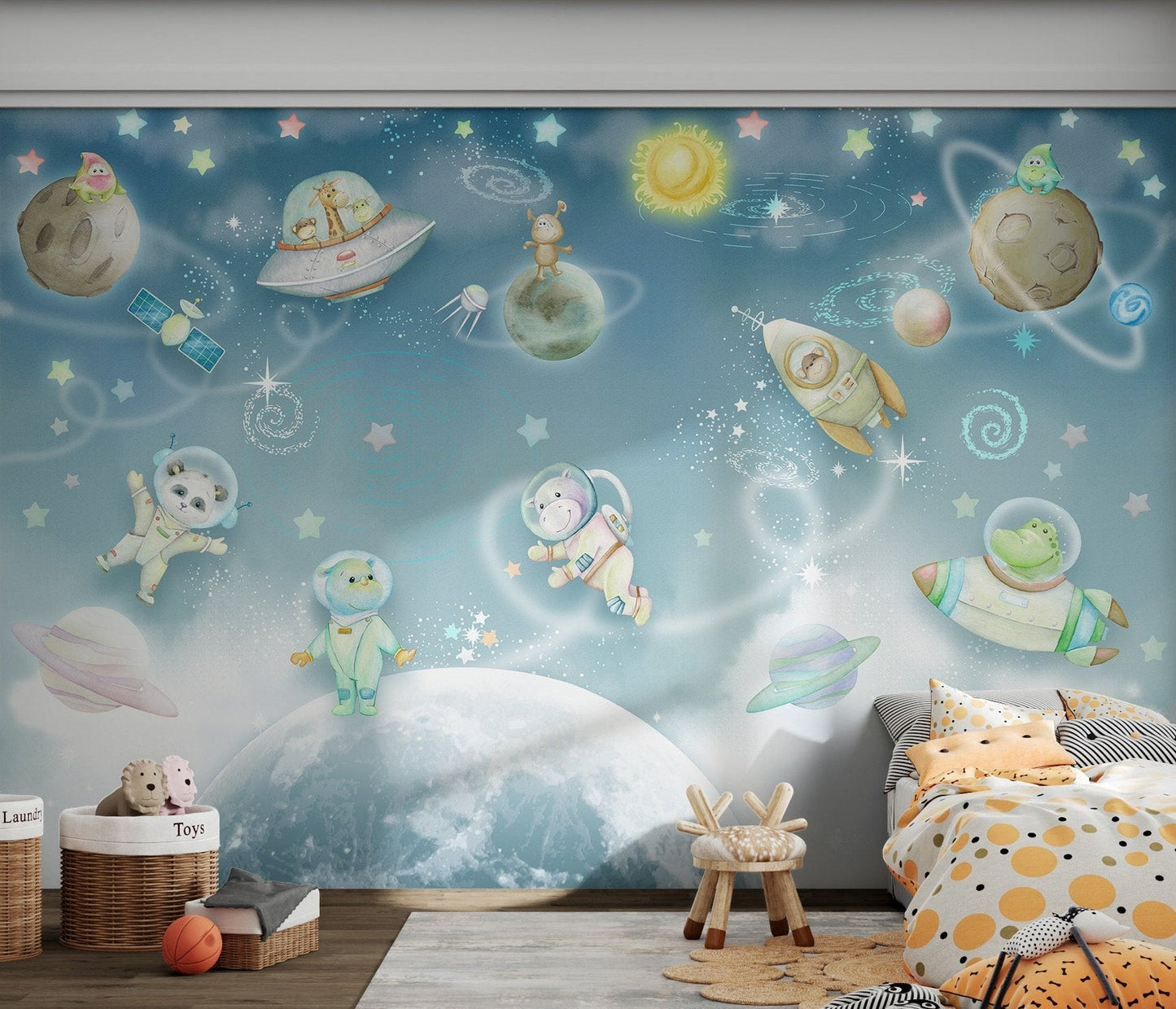Pastel blue solar system wall mural with bright stars for kids bedroom.