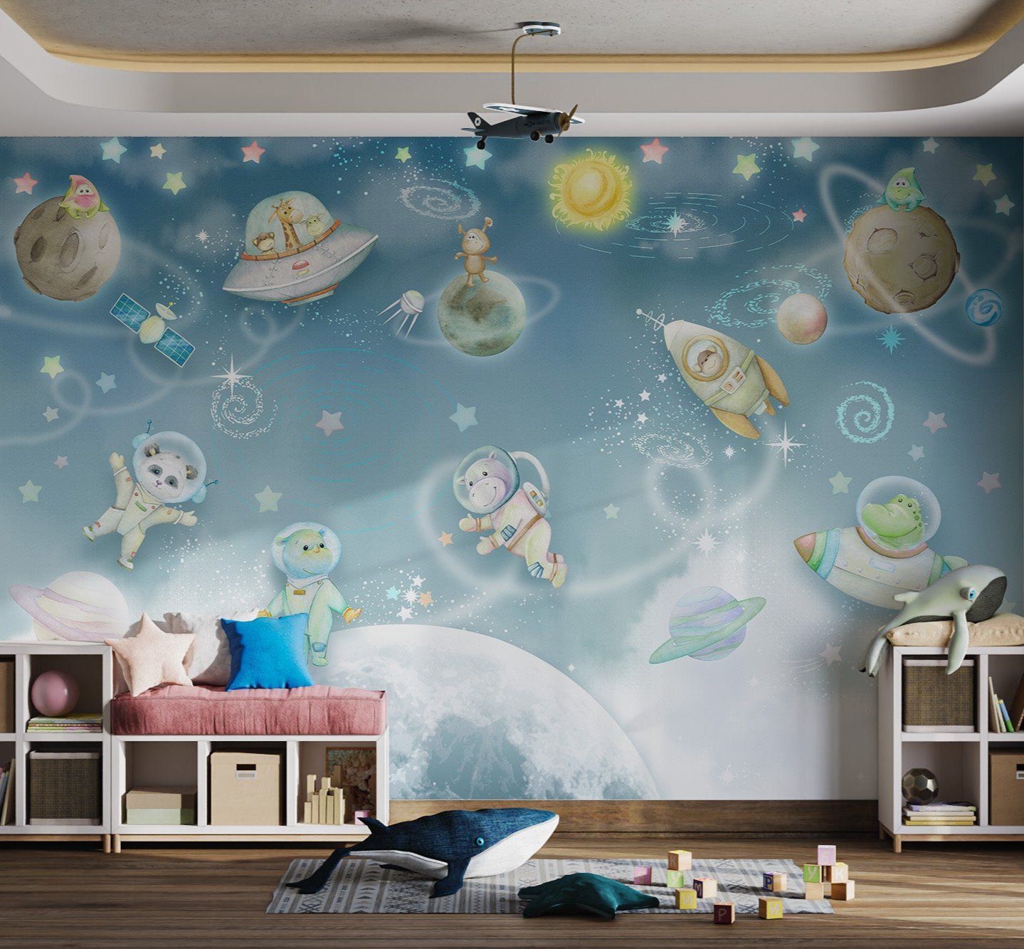 Animal spaceship wall mural in light blue tones for kids play area.