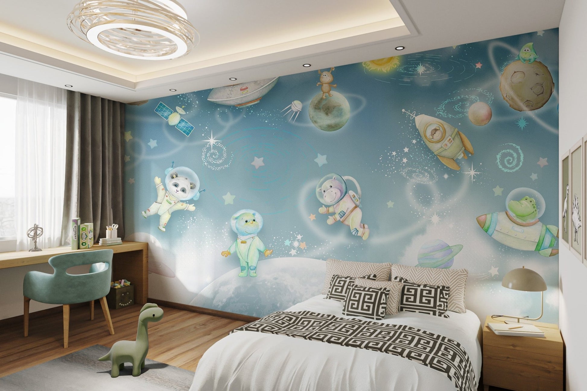 Playful Galaxy Adventure Wall mural showing floating astronauts in bedroom