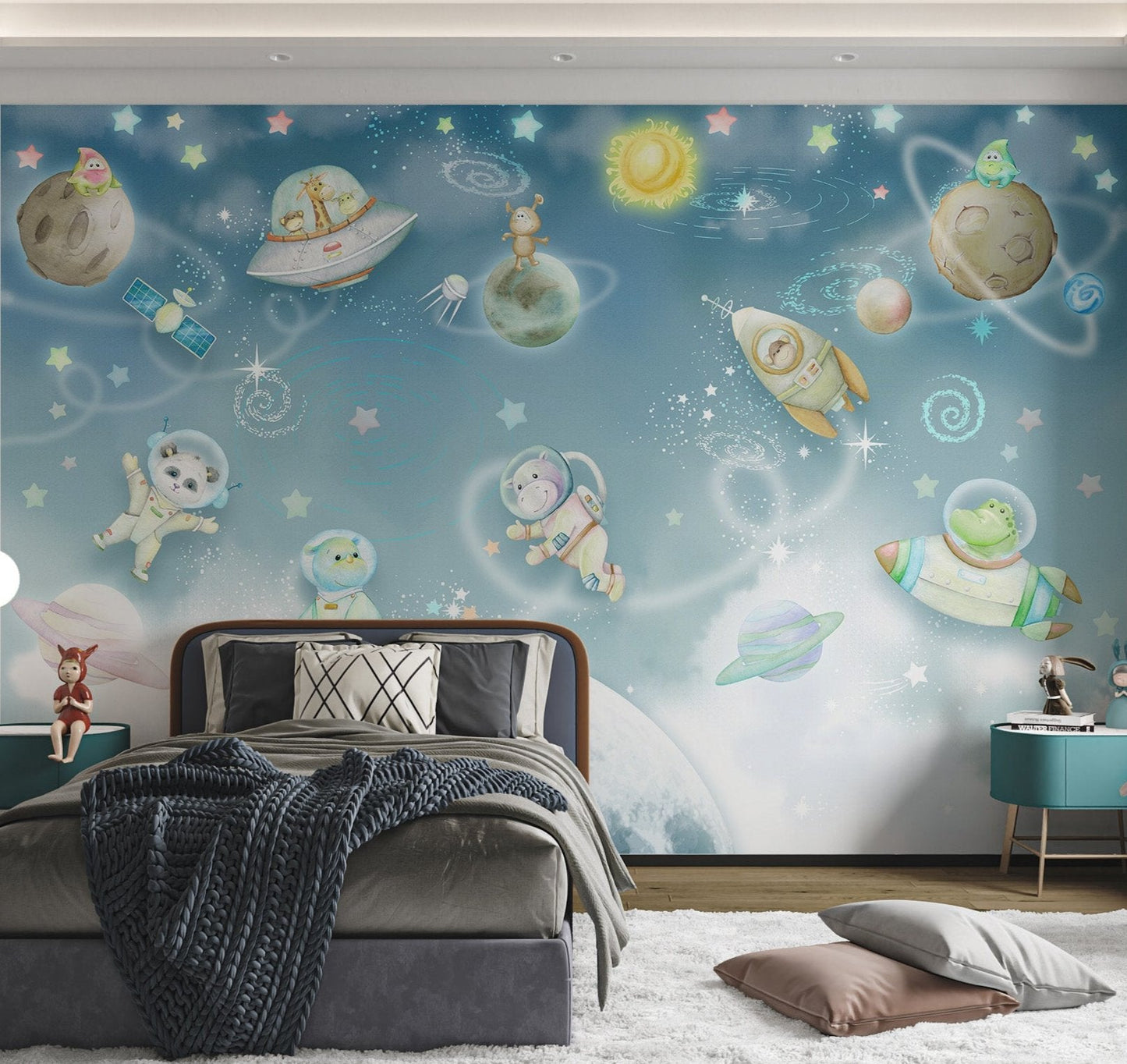 Playful Galaxy Adventure Wall Mural in light blue for children's spaces.