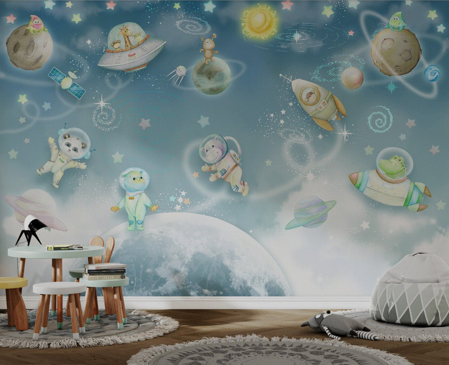 Cute space exploration wall mural displaying cartoon planets for nurseries.