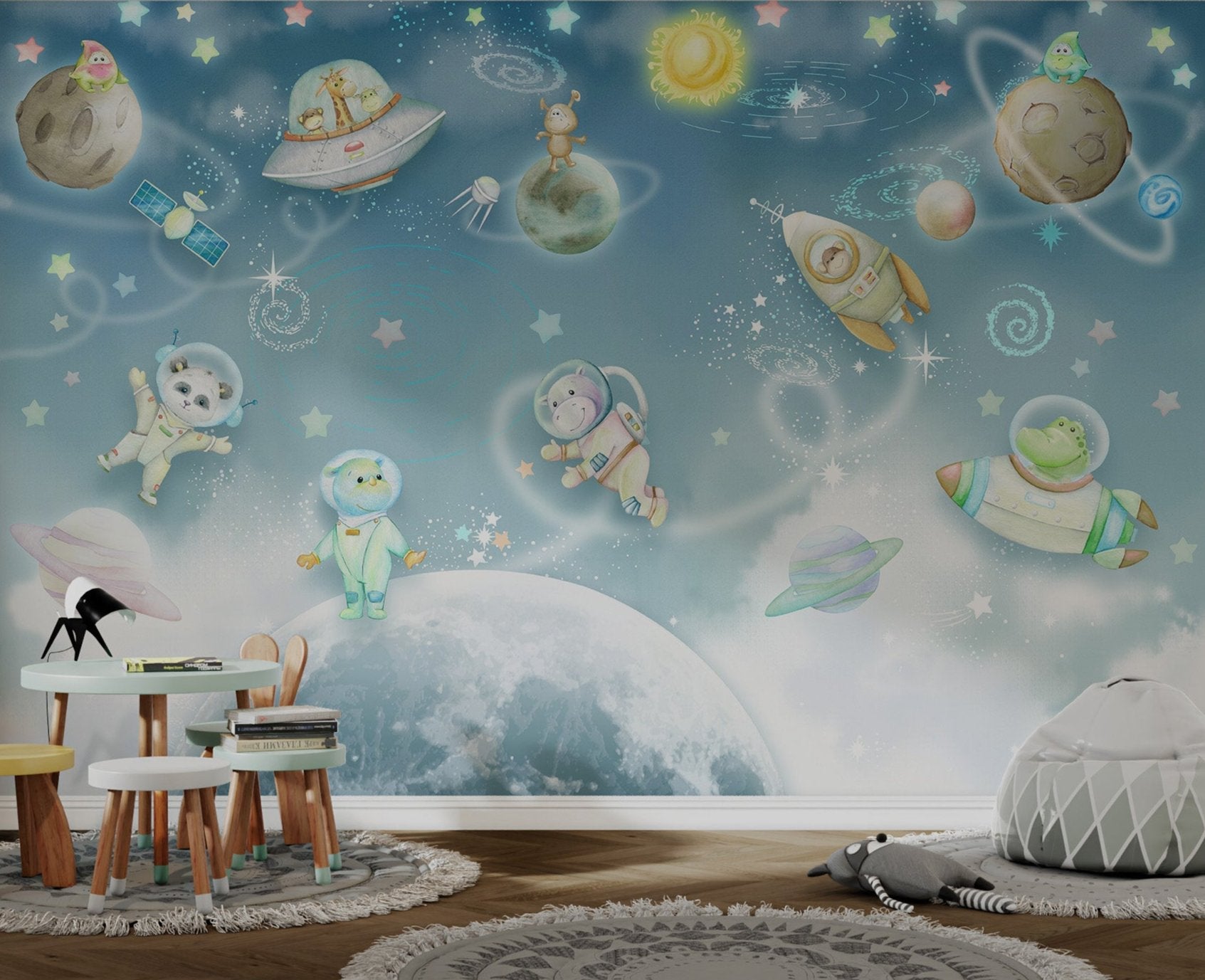 Cute space exploration wall mural displaying cartoon planets for nurseries.