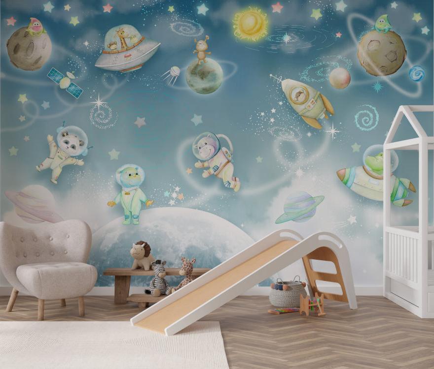 Light blue outer space wall mural featuring cute animals for playroom.