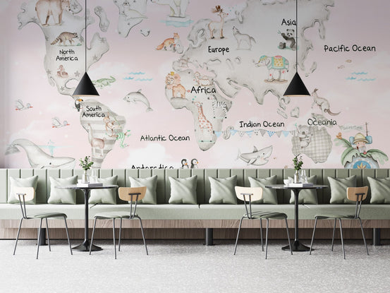 Soft pink world map wallpaper with illustrated bears and raccoons.