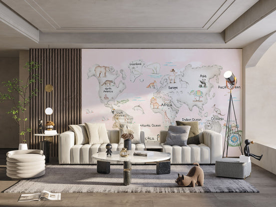 Soft watercolor wall mural depicting diverse global wildlife.