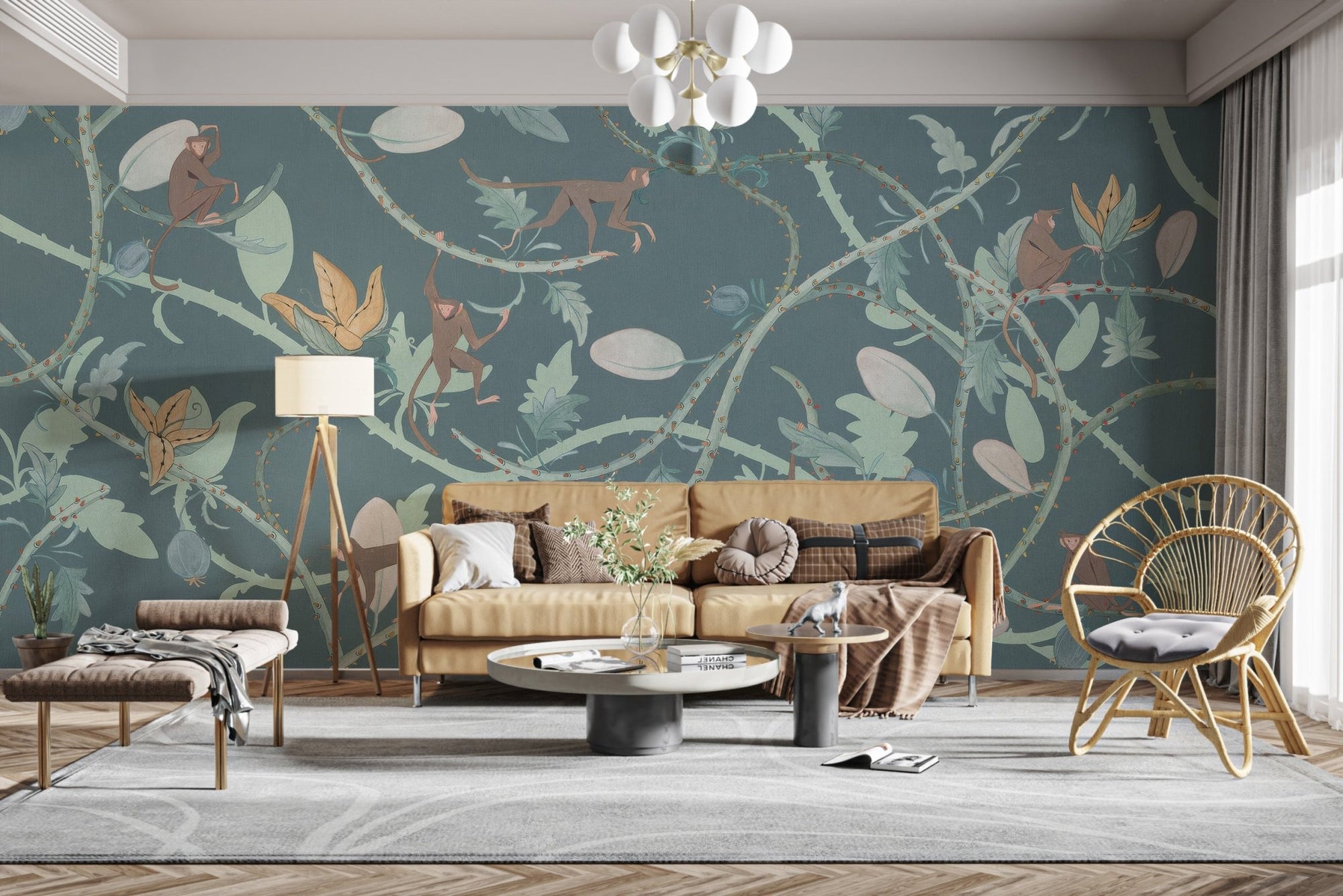 Playful monkeys wallpaper mural with teal jungle vines and leaf art.